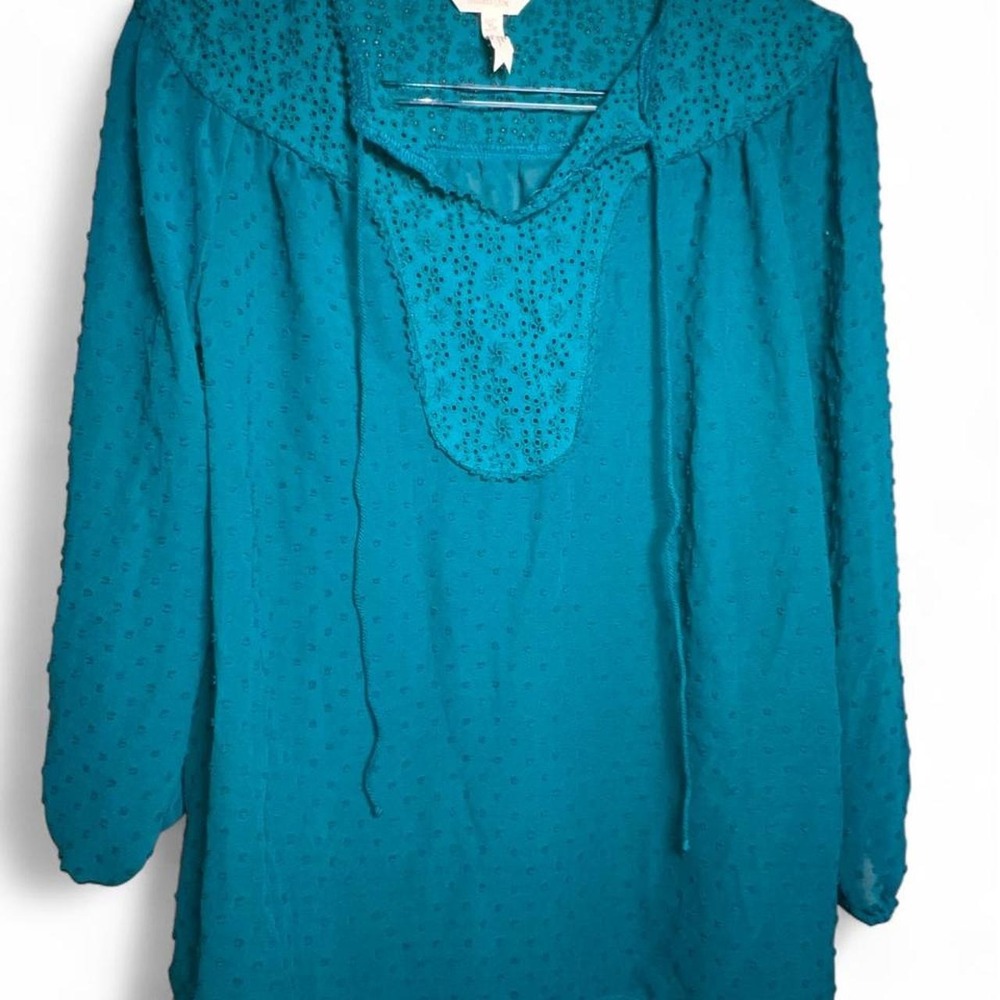 Matilda Jane Teal Blue Swiss Dot Eyelet Embroidered Peasant Top Women's‎ Medium